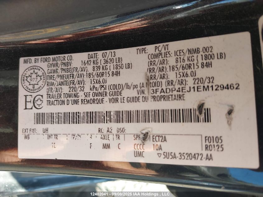 2014 Ford Fiesta Se VIN: 3FADP4EJ1EM129462 Lot: 12402041