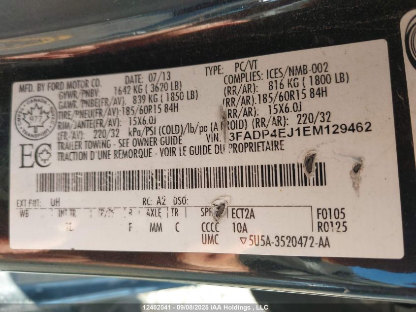 2014 Ford Fiesta Se VIN: 3FADP4EJ1EM129462 Lot: 12402041