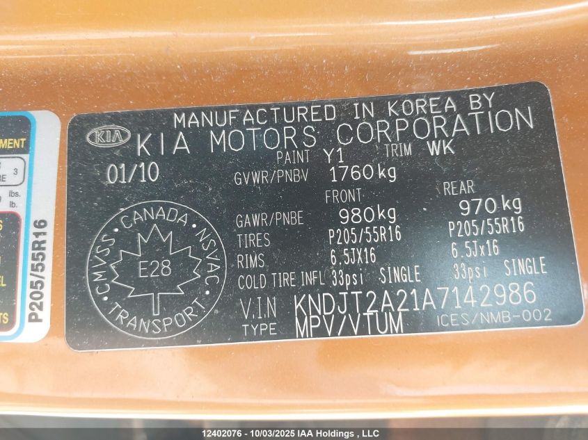 2010 Kia Soul +/!/Sport VIN: KNDJT2A21A7142986 Lot: 12402076