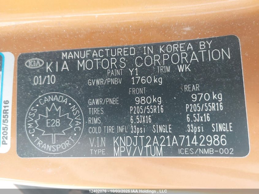 2010 Kia Soul +/!/Sport VIN: KNDJT2A21A7142986 Lot: 12402076