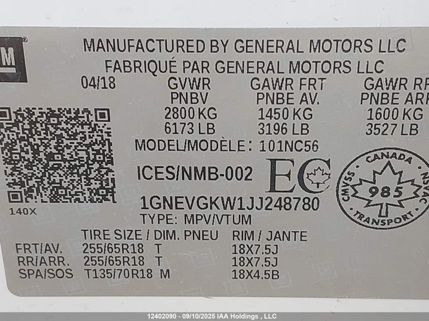 1GNEVGKW1JJ248780 2018 CHEVROLET TRAVERSE photo no. 9