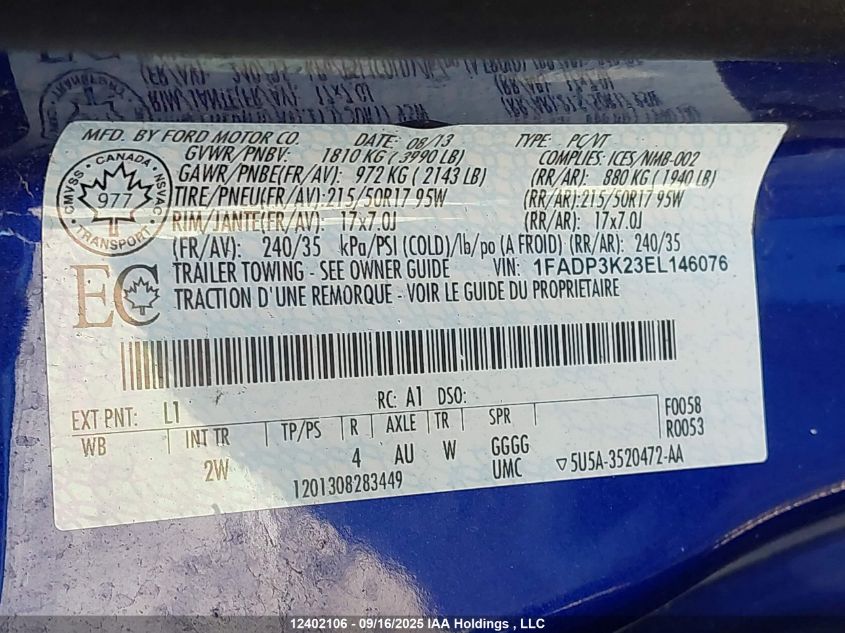 2014 Ford Focus Se VIN: 1FADP3K23EL146076 Lot: 12402106