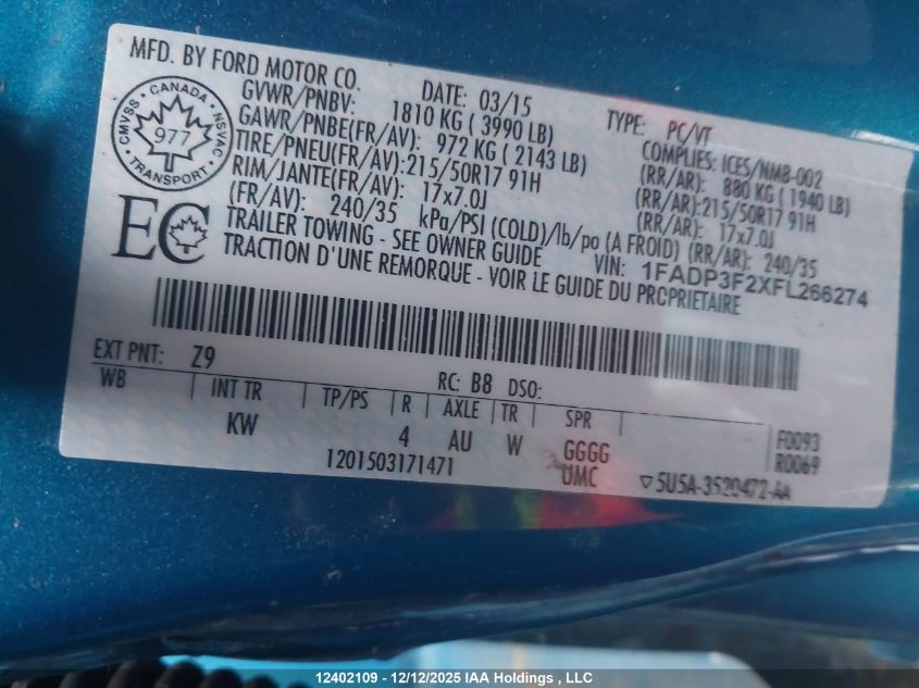 2015 Ford Focus Se VIN: 1FADP3F2XFL266274 Lot: 12402109