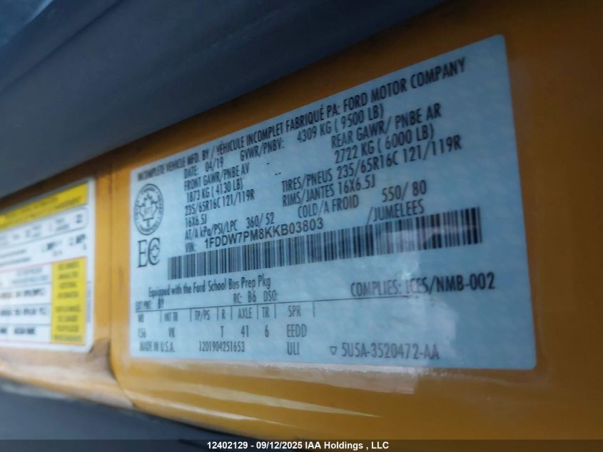 2019 Ford Transit T-350 VIN: 1FDDW7PM8KKB03803 Lot: 12402129