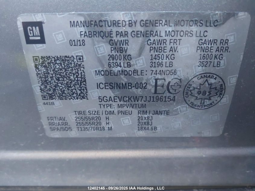 2018 Buick Enclave Avenir VIN: 5GAEVCKW7JJ196154 Lot: 12402145