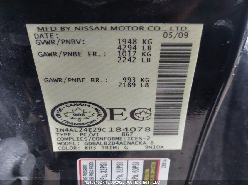 2009 Nissan Altima 2.5S VIN: 1N4AL24E29C184078 Lot: 12402182