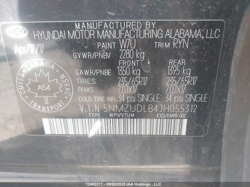 5NMZUDLB4JH055312 2018 HYUNDAI SANTA FE photo no. 9