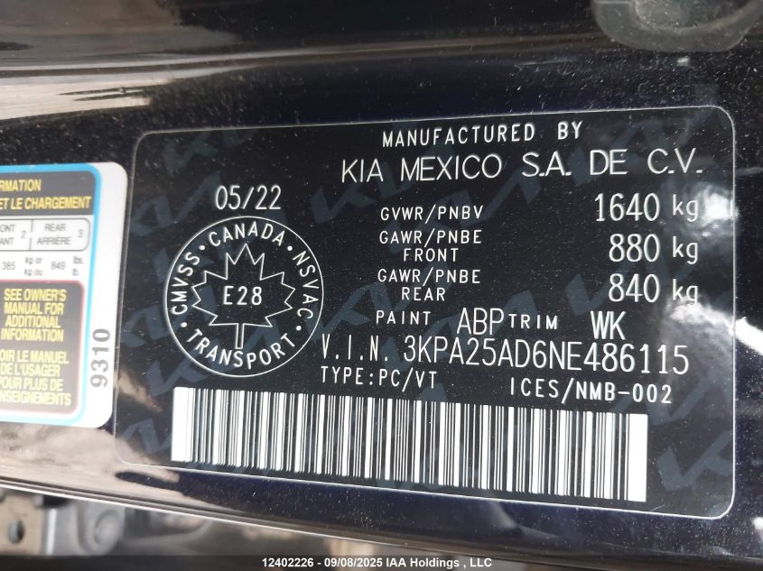 2022 Kia Rio Lx Premium/Lx+ VIN: 3KPA25AD6NE486115 Lot: 12402226