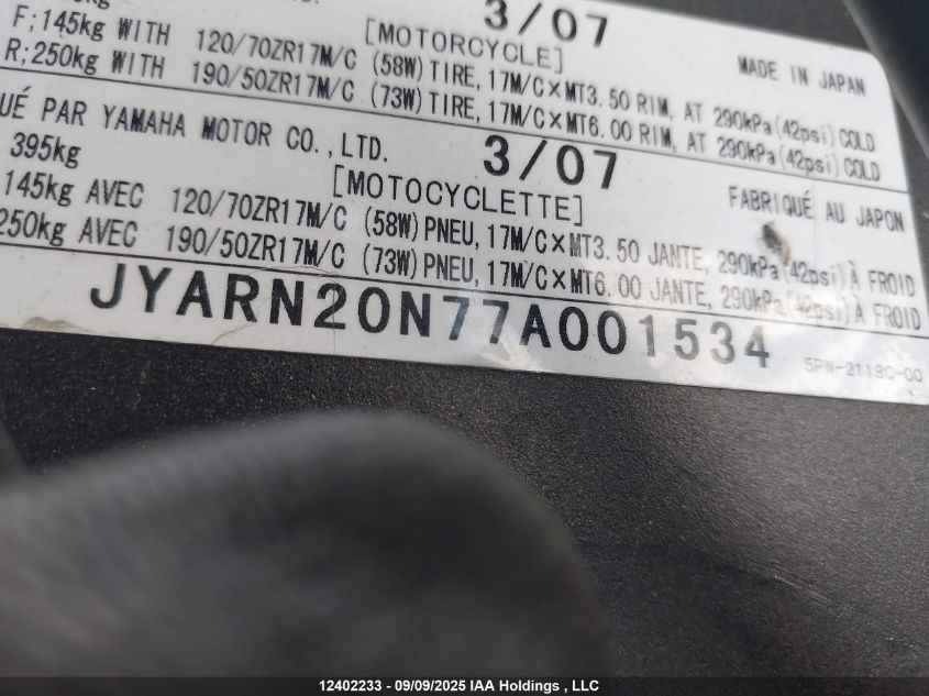 2007 Yamaha Yzfr1 VIN: JYARN20N77A001534 Lot: 12402233