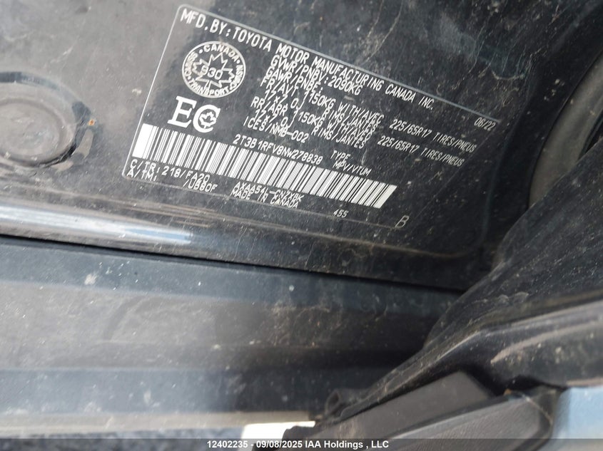 2022 Toyota Rav4 Le VIN: 2T3B1RFV8NW278838 Lot: 12402235