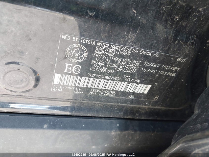 2022 Toyota Rav4 Le VIN: 2T3B1RFV8NW278838 Lot: 12402235
