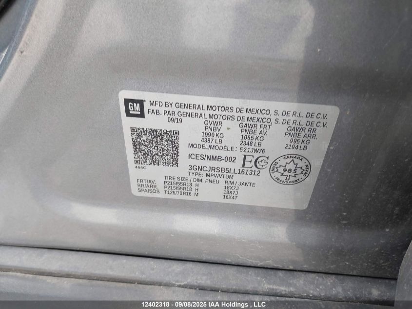 2020 Chevrolet Trax Premier VIN: 3GNCJRSB5LL161312 Lot: 12402318