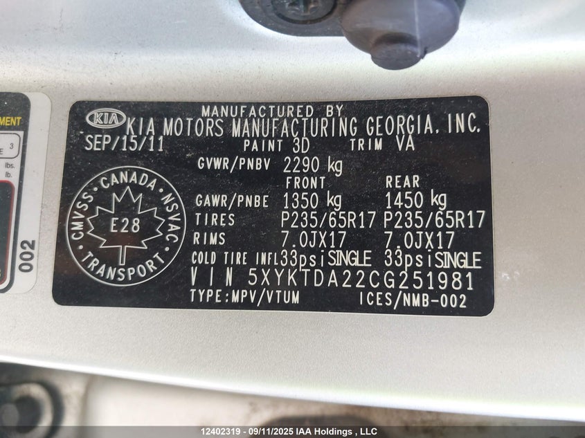 5XYKTDA22CG251981 2012 KIA SORENTO photo no. 19