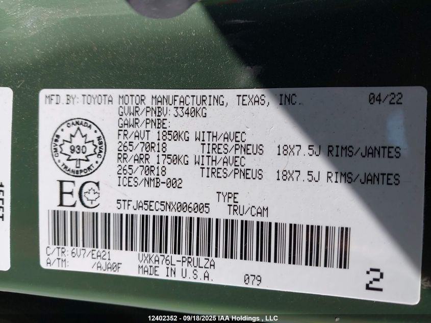 2022 Toyota Tundra Limited VIN: 5TFJA5EC5NX006005 Lot: 12402352