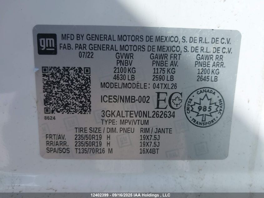 2022 GMC Terrain Sle VIN: 3GKALTEV0NL262634 Lot: 12402399