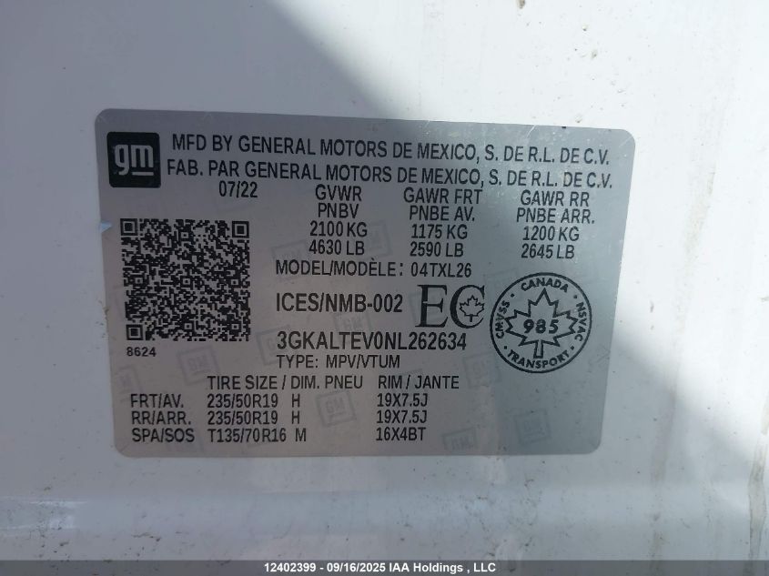 2022 GMC Terrain Sle VIN: 3GKALTEV0NL262634 Lot: 12402399