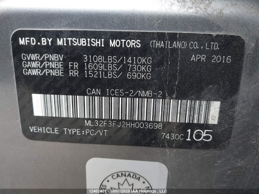 2017 Mitsubishi Mirage G4 Es VIN: ML32F3FJ2HH003698 Lot: 12402401