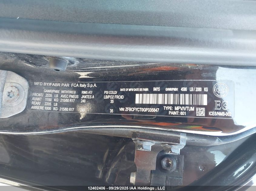 2016 Fiat 500X Trekking VIN: ZFBCFYCT0GP335847 Lot: 12402406