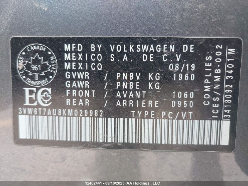 2019 Volkswagen Golf Gti VIN: 3VW6T7AU8KM029982 Lot: 12402441