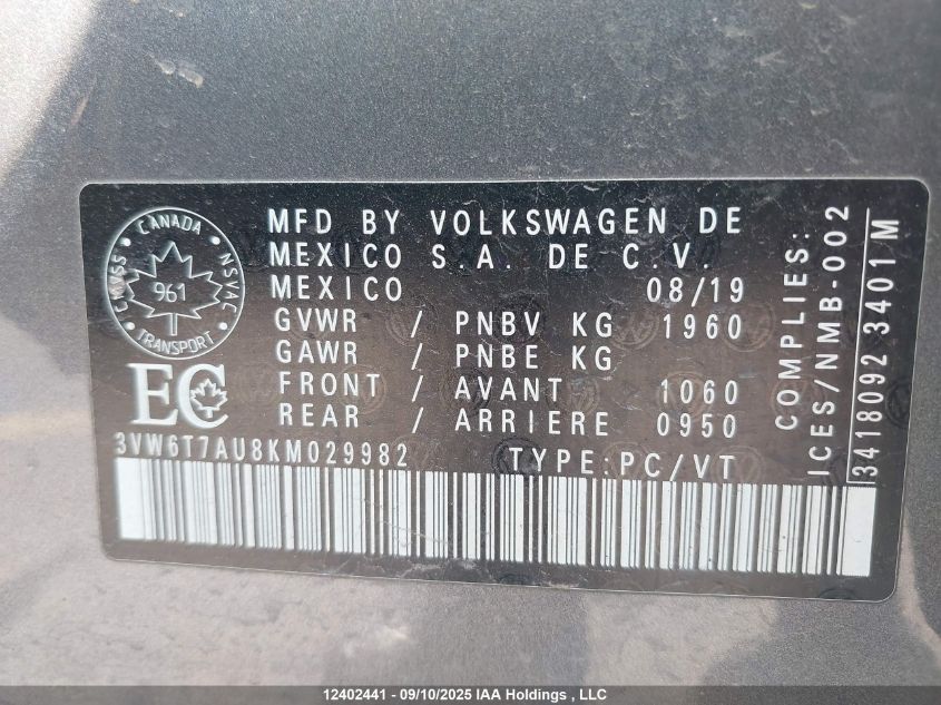 2019 Volkswagen Golf Gti VIN: 3VW6T7AU8KM029982 Lot: 12402441