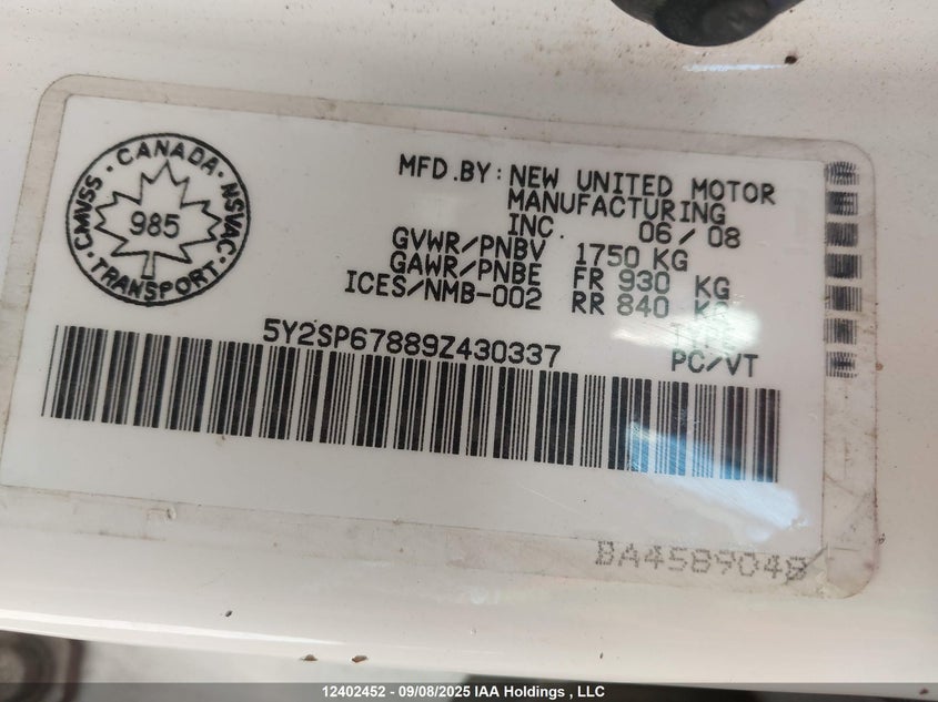 2009 Pontiac Vibe VIN: 5Y2SP67889Z430337 Lot: 12402452