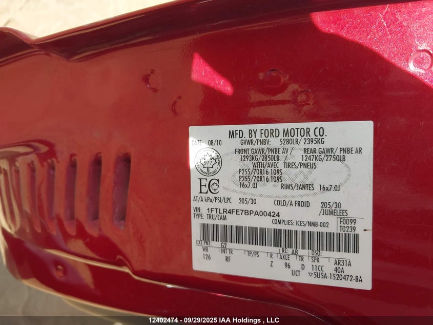 2011 Ford Ranger Super Cab VIN: 1FTLR4FE7BPA00424 Lot: 12402474