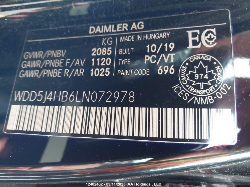 2020 Mercedes-Benz Cla 250 4Matic VIN: WDD5J4HB6LN072978 Lot: 12402482