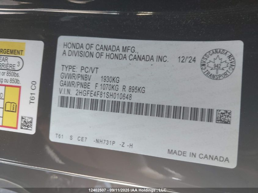 2025 Honda Civic Hybrid Sport/Sport Touring VIN: 2HGFE4F81SH010648 Lot: 12402507