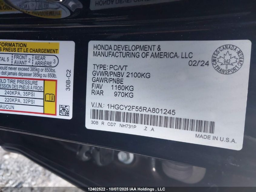 2024 Honda Accord Hybrid Sport VIN: 1HGCY2F55RA801245 Lot: 12402522
