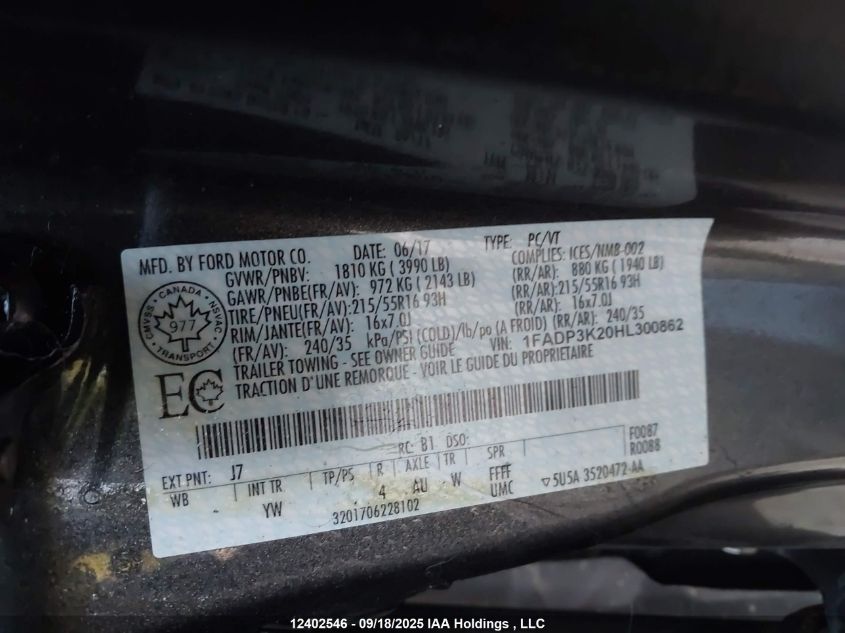 2017 Ford Focus Se VIN: 1FADP3K20HL300862 Lot: 12402546