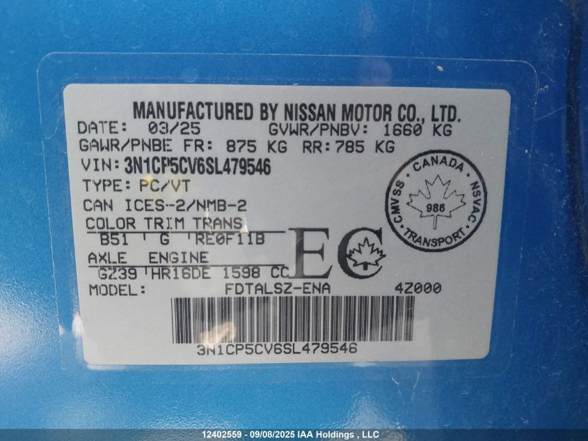 2025 Nissan Kicks Play Sv VIN: 3N1CP5CV6SL479546 Lot: 12402559