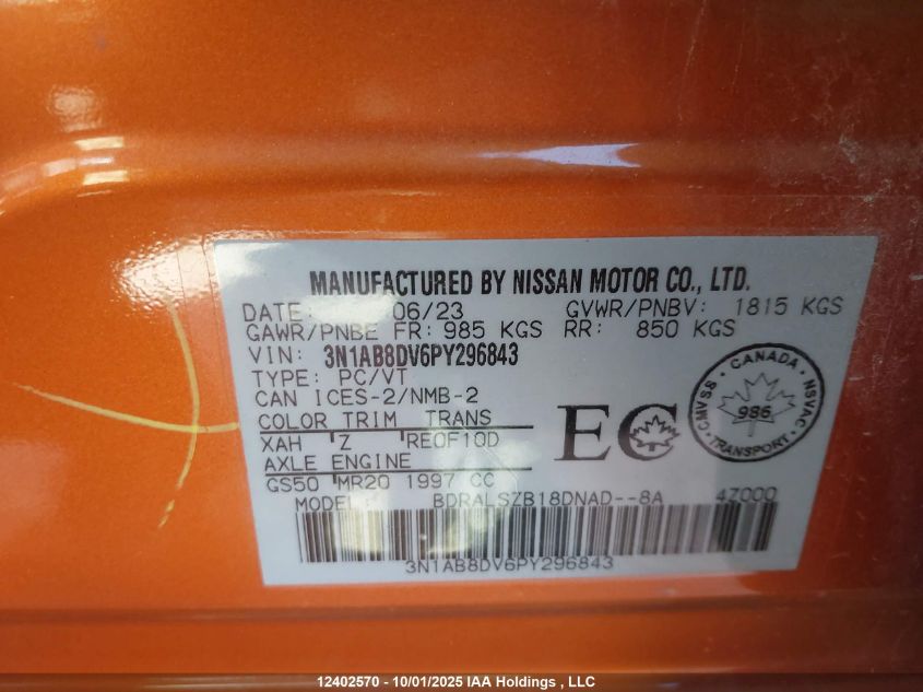 2023 Nissan Sentra VIN: 3N1AB8DV6PY296843 Lot: 12402570