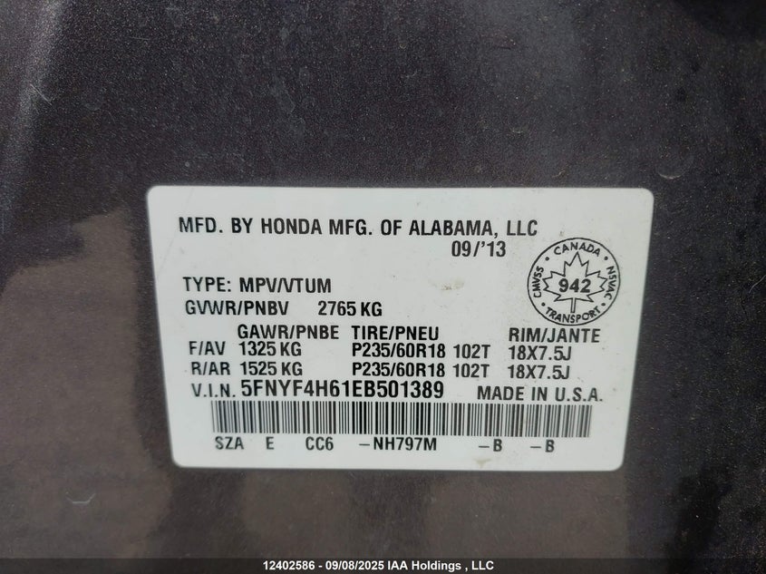 5FNYF4H61EB501389 2014 HONDA PILOT photo no. 9
