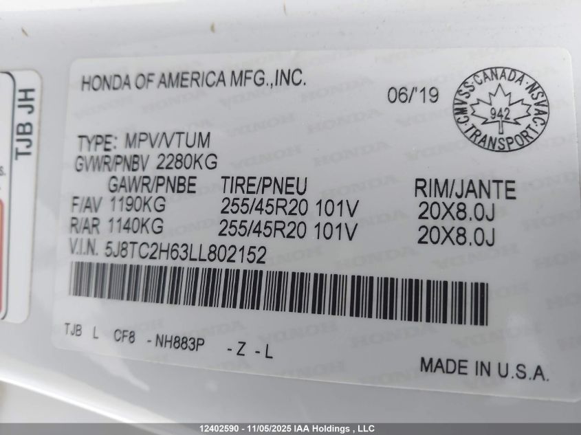 2020 Acura Rdx A-Spec VIN: 5J8TC2H63LL802152 Lot: 12402590