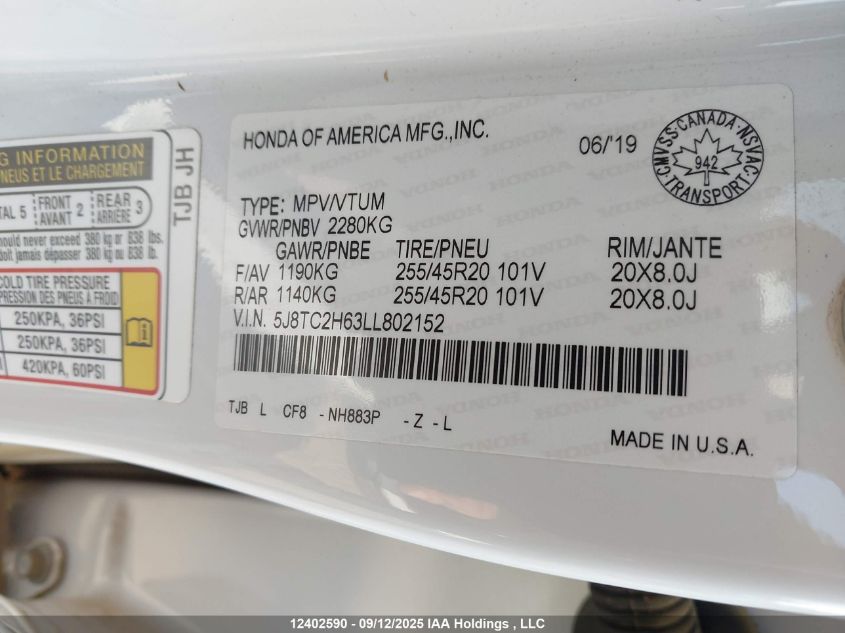 2020 Acura Rdx A-Spec VIN: 5J8TC2H63LL802152 Lot: 12402590