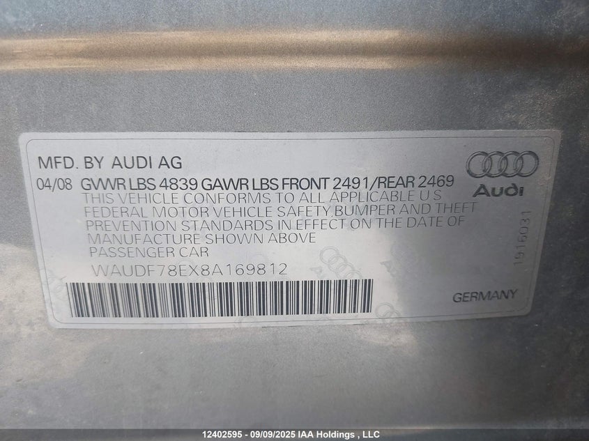 WAUDF78EX8A169812 2008 AUDI A4 photo no. 9