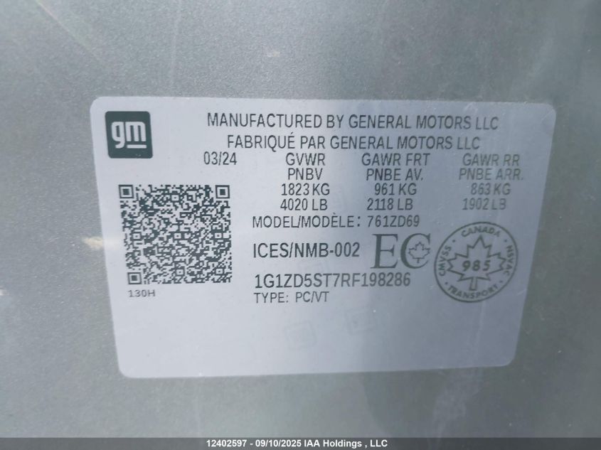 2024 Chevrolet Malibu Lt VIN: 1G1ZD5ST7RF198286 Lot: 12402597