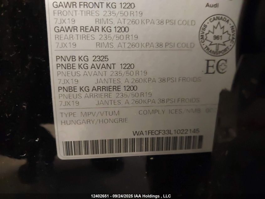 2020 Audi Q3 45 Technik VIN: WA1FECF33L1022145 Lot: 12402651