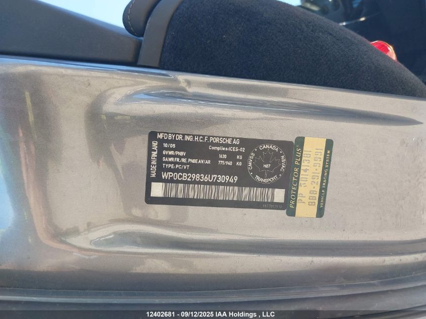 2006 Porsche Boxster S VIN: WP0CB29836U730949 Lot: 12402681