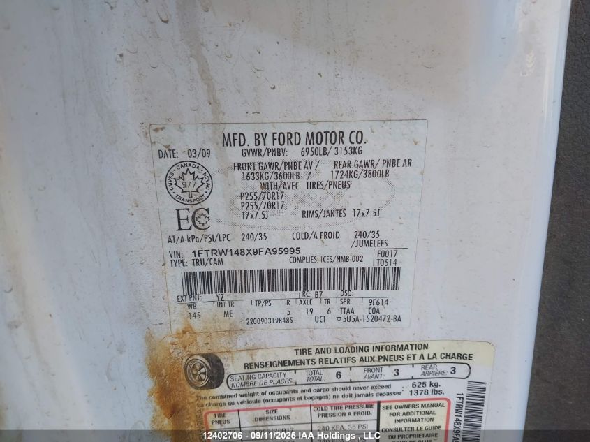 2009 Ford F150 Supercrew VIN: 1FTRW148X9FA95995 Lot: 12402706