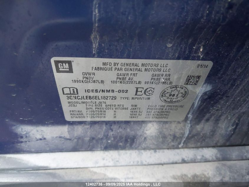 2014 Chevrolet Trax 1Lt VIN: 3GNCJLEB6EL182729 Lot: 12402735