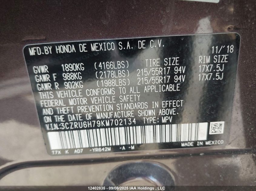 2019 Honda Hr-V Exl VIN: 3CZRU6H79KM702134 Lot: 12402835