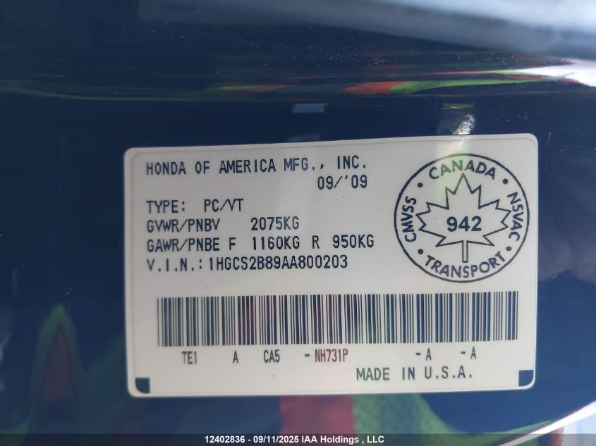 2010 Honda Accord Ex-L V6 VIN: 1HGCS2B89AA800203 Lot: 12402836