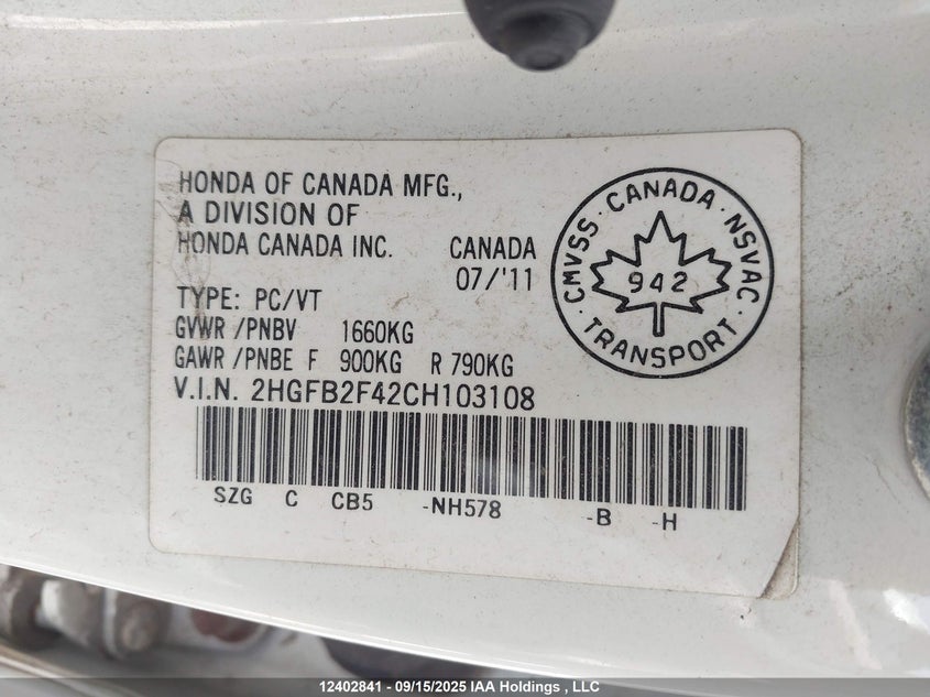 2012 Honda Civic Lx VIN: 2HGFB2F42CH103108 Lot: 12402841