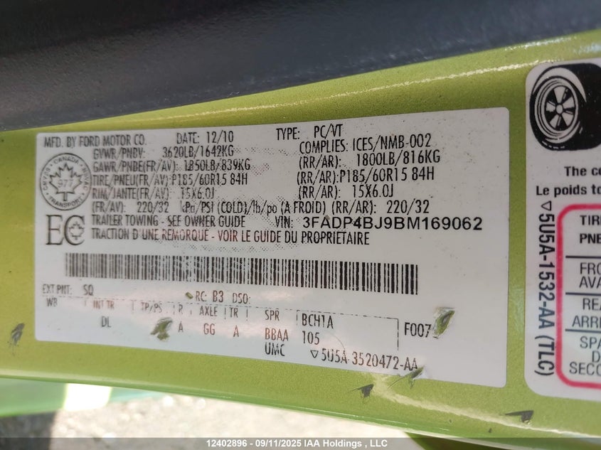 2011 Ford Fiesta Se VIN: 3FADP4BJ9BM169062 Lot: 12402896