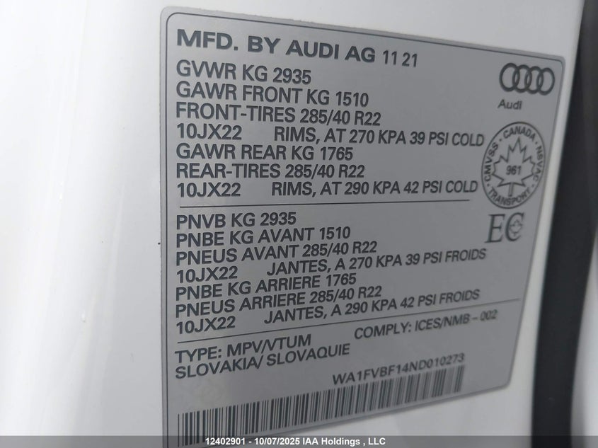 WA1FVBF14ND010273 2022 AUDI Q8 photo no. 9