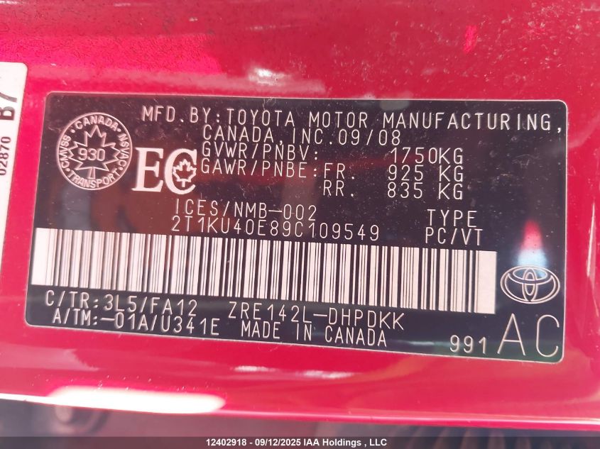 2009 Toyota Matrix Wagon VIN: 2T1KU40E89C109549 Lot: 12402918