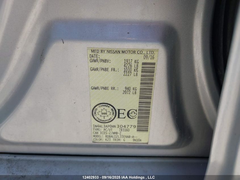 2017 Nissan Altima 2.5/S/Sv/Sl/Sr VIN: 1N4AL3AP0HN304779 Lot: 12402933