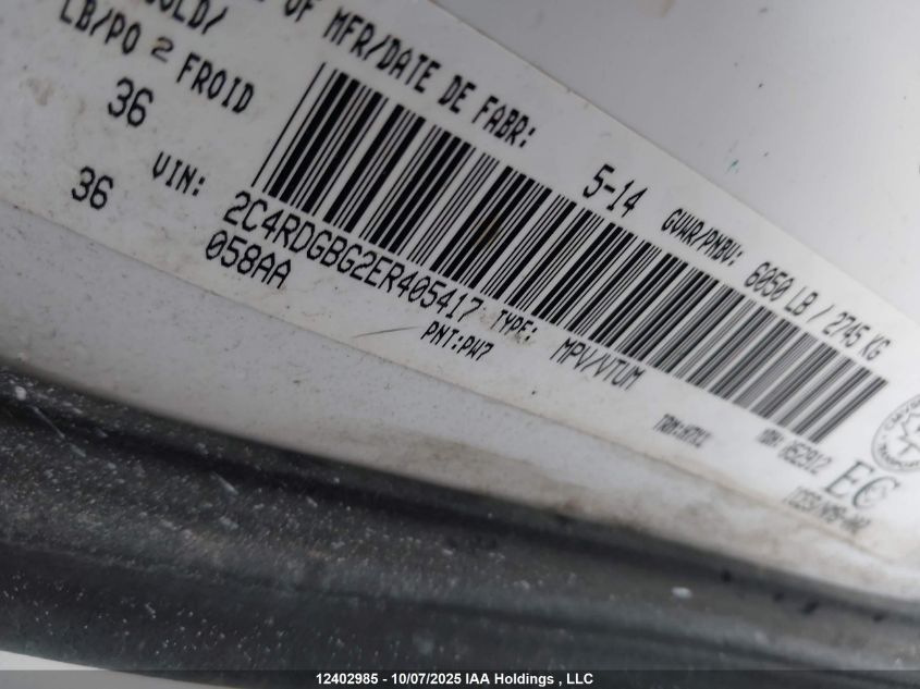 2014 Dodge Grand Caravan Se/Sxt VIN: 2C4RDGBG2ER405417 Lot: 12402985