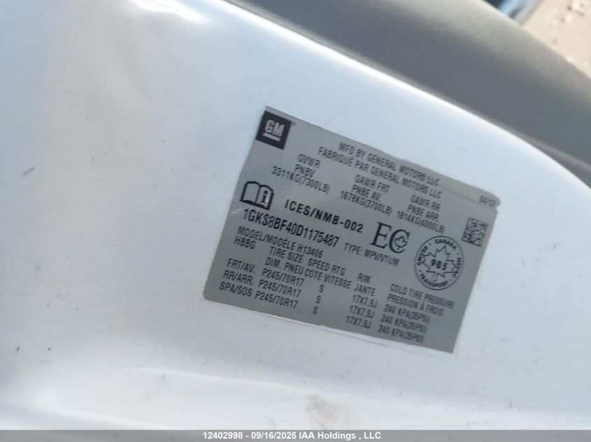 2013 GMC Savana 1500 Sl VIN: 1GKS8BF40D1175487 Lot: 12402998